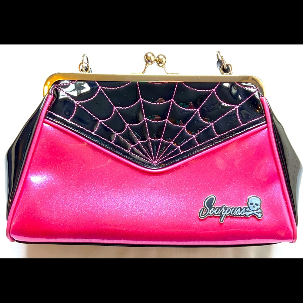 Sourpuss Pink Glitter Vinyl Purse with Spiderweb design